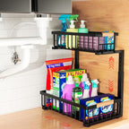 Under Sink Organizer, 2-Tier Pull-Out Cabinet Organizer – Adjustable Height, Left or Right Install – Smooth Slide-Out Drawers, Heavy-Duty Metal Rack for Kitchen & Bathroom, 1 Pack by Homvia