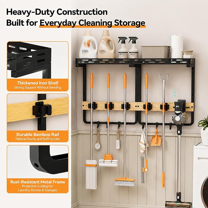 Mop and Broom Holder Wall Mount with Railing Shelf,3-in-1 Cleaning Storage Organizer,Storage Rack with Vacuum holder 5 Grips 6 Hooks for Laundry Utility Garages Closet, - Image 4