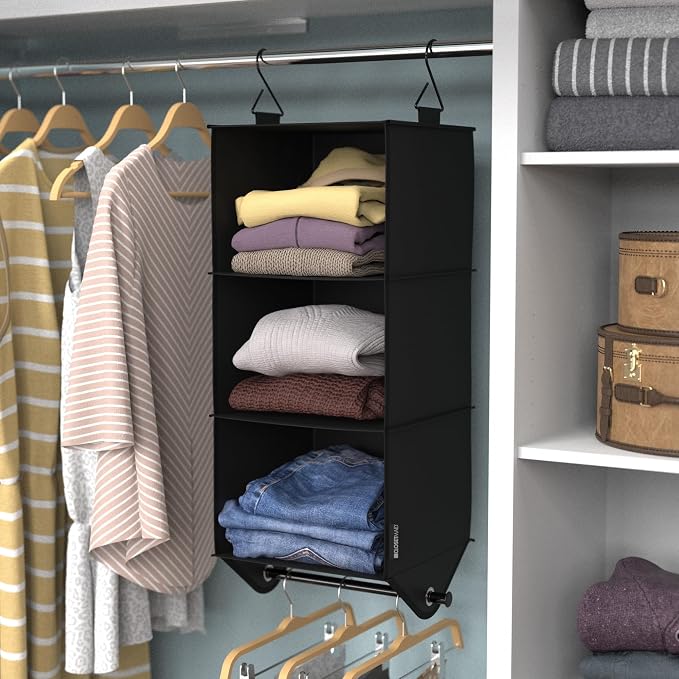 ClosetMaid 3-Shelf Fabric Hanging Closet Organizer with Garment Rod for Shirts, Sweaters, Pants, Hats, Shoes, Purses with Charcoal Black Finish - Image 2