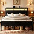 SHA CERLIN King Bed Frame, 2-Tier Storage Headboard, LED, Charging Station by SHACERLIN