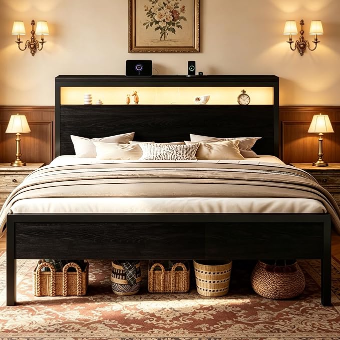SHA CERLIN King Bed Frame, 2-Tier Storage Headboard, LED, Charging Station by SHACERLIN