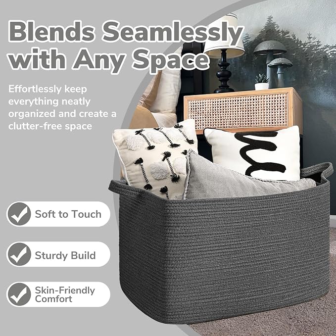 Goodpick 85L Large Woven Rope Blanket Basket, Rectangle, Dark Gray - Image 5