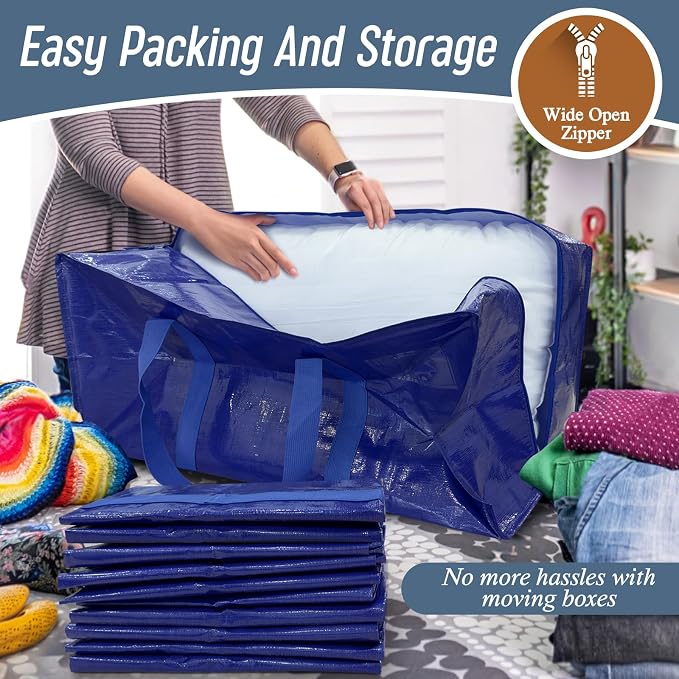 6 Pack Extra Heavy Duty Large Moving Bags with Strong Zipper, Blue | Comfortable Handles, Sturdy & Durable Clothes Storage Bags Totes Bins, Blue Packing Moving Boxes for College Supplies - Image 5