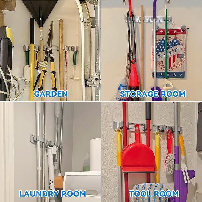 reliahom Broom Holder Wall Mount Mop Hanger Tools organizer 4Racks 5Hooks - Image 6