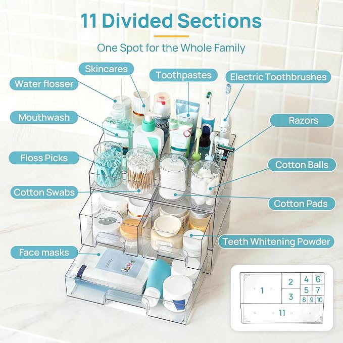 Vtopmart 8 PCS Bathroom Countertop Organizer, 1 Divided Tray with 4 Qtip Holder Jars and 3 Drawers, Restroom Clear Organizers for Toothbrush, Cotton Pads, Vanity Accessories Storage Set - Image 3