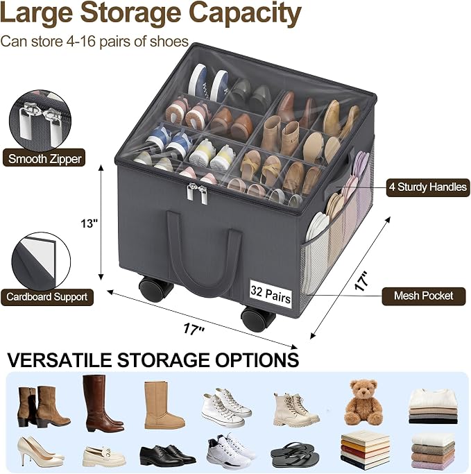 2 Pack Large Shoe Organizer for Closet, 32 Pairs Shoe Storage Box Grey - Image 4