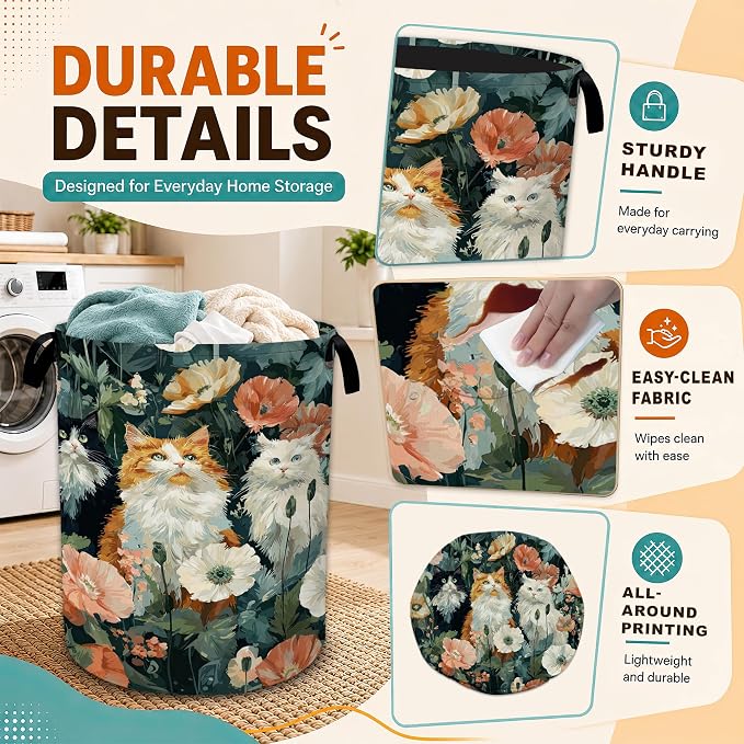 Cute Cat Laundry Basket,Poppy Flowers Foldable Oxford Laundry Hamper with Handles,Collapsible Clothes Storage Basket for Bedroom,Bathroom,or Laundry Room,20.8 x 16 Inches - Image 3