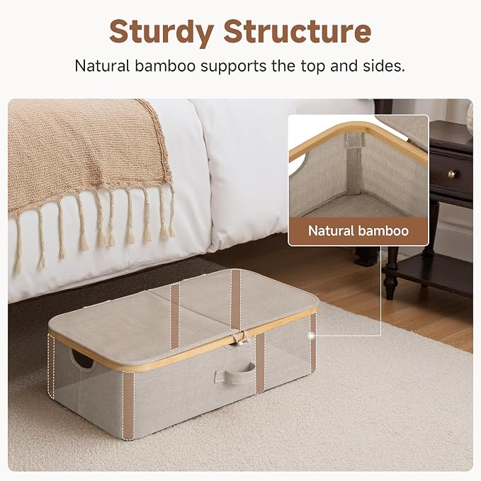 StorageWorks 7" Low Profile Underbed Storage Containers with Bamboo Frame | Strong Frame Resists Sagging, Buckle Flip-Top Lid, Fabric Handles, Foldable Stackable Design, for Dorms, Bedrooms & Closets - Image 6