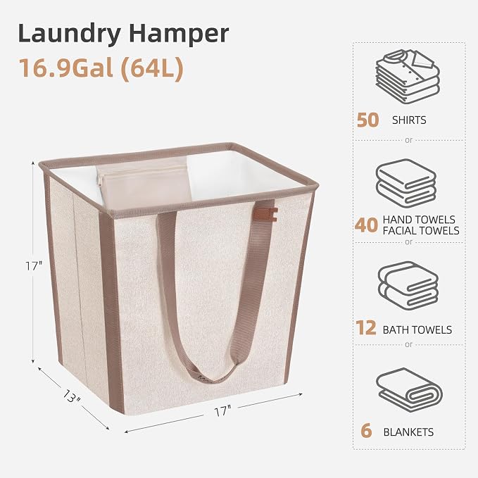 STORAGE MANIAC Collapsible Laundry Basket, 16.9 Gal. Large Pop-up Laundry Hamper with Long Carry Handles, Space-Saving Foldable Clothes Hamper with Bottom Elastic Band, Travel Laundry Bags, Oat Beige - Image 5