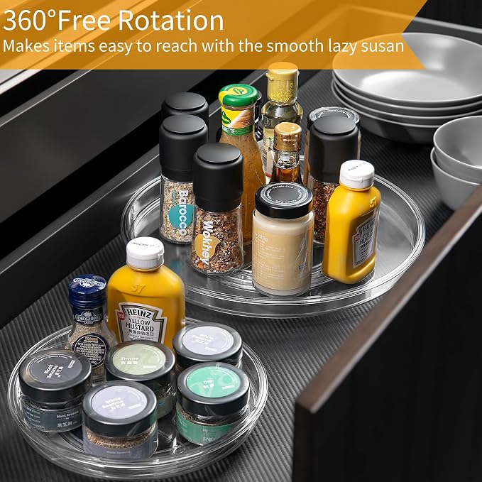 vacane 2-Pack 13Inch Lazy Susan Cabinet Organizer, Plastic Rotating Organizer Spice Rack Condiment Organizer for Pantry, Countertop, Cupboard, Refrigerator-Clear - Image 3