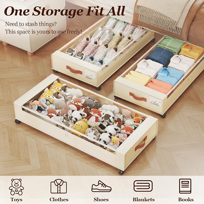 Yecaye 70 L Under Bed Storage with Wheels, 3 Pack Larger Capacity Under Bed Storage Containers, Underbed Shoe Storage Organizer, Rolling Under Bed Metal Drawers for Clothes, Blankets, Beige - Image 7