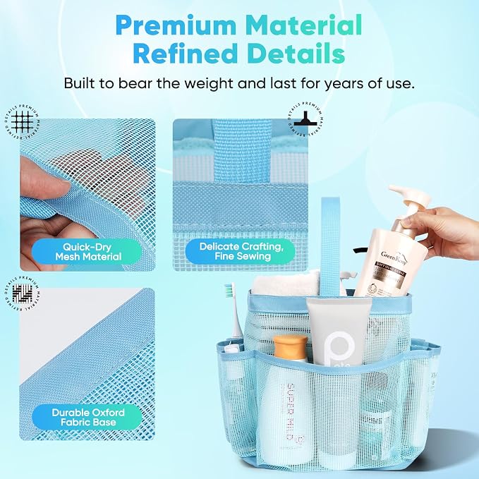 EUDELE 2 Pack Mesh Shower Caddy Portable for College Dorm Room Essentials, Shower Caddy Dorm with 9-Pocket Large Capacity,Shower Bag for Beach,Swimming,Gym All Black+All Ice Blue - Image 5