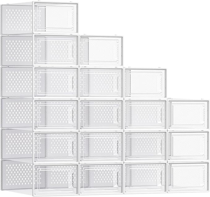 SONGMICS Shoe Boxes, Clear Plastic Sneaker Box, Pack of 18 | Stackable Shoe Storage Organizers, for Closet, 13.1 x 9.1 x 5.6 Inches, Transparent and White, DENNYS Collection ULSP18SWT by Unknown