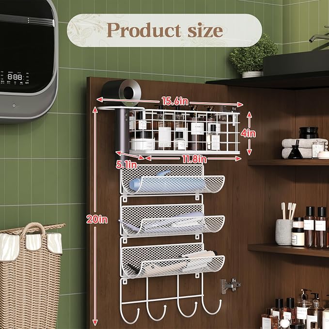 Wall-Mounted Hair Dryer Holder Styling Tool Organizer 4-Shelf Storage Wire Basket with Hook Heat Safe Rack for Hair-Straighteners,Curling Wands,Flat Iron,Cabinet Door Bathroom Kitchen White - Image 8