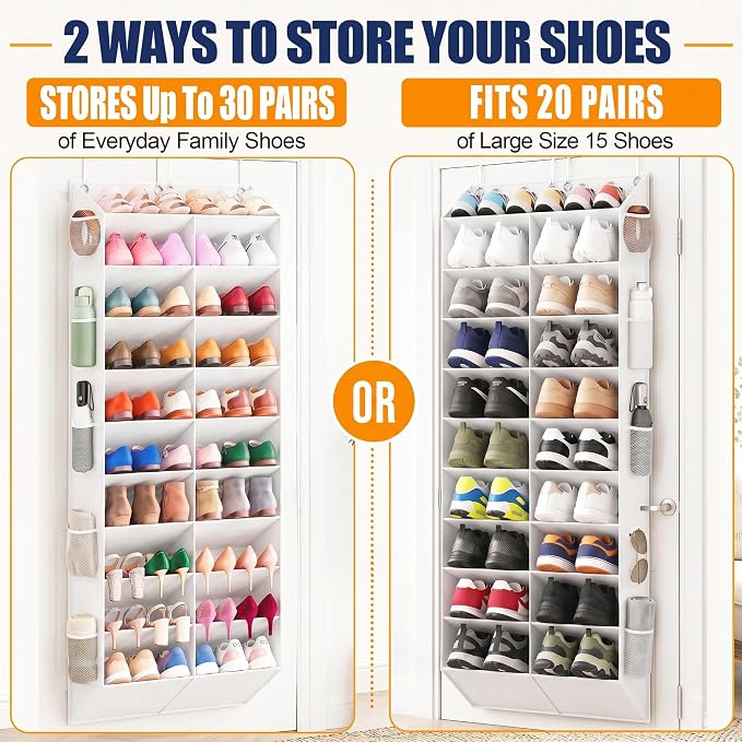 UVIAHOMI 20-30 Pairs Over the Door Shoe Organizer with Side Mesh Pockets, 10-Tier Hanging Shoe Storage for Closet, Breathable Door Shoe Rack Holds Sneakers, Boots, Heels & Daily Essentials, White - Image 6