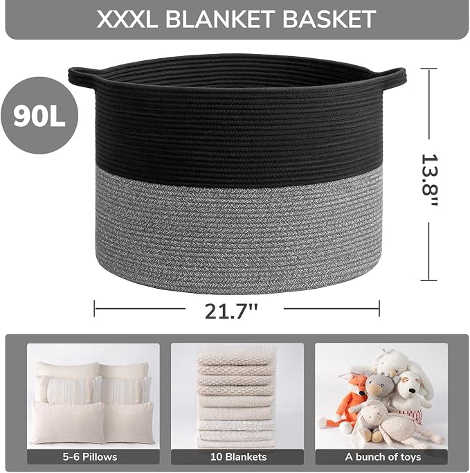INDRESSME XXXLarge Woven Rope Blanket Basket Living Room Black Grey - Image 3