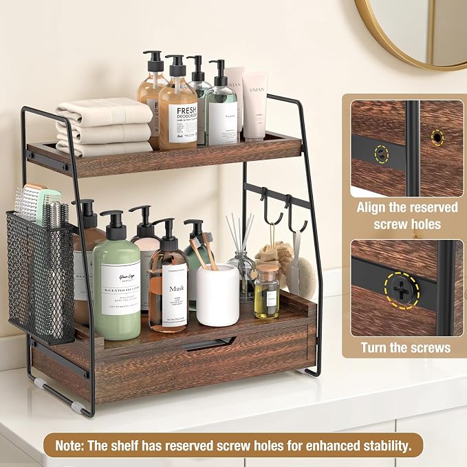 2-Tier Bathroom Counter Organizer with Drawer, Wood Counter Storage Shelf - Image 6