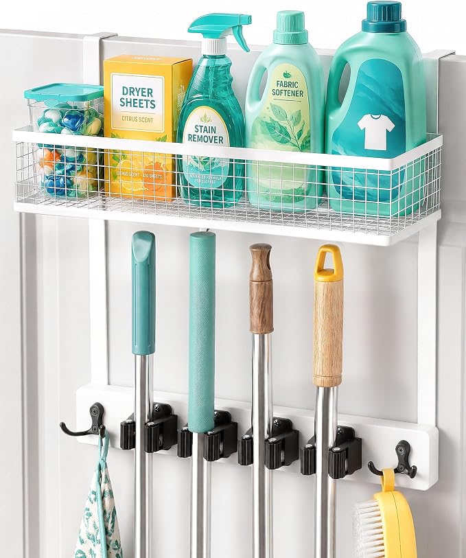 BS-VOG Over the Door Broom Holder with Basket, Wooden Mop & Broom Organizer by BS-VOG