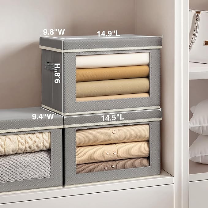 Homsorout Clothes Organizers and Storage - 6 Pack Large Storage Box with Lids, Foldable Closet Organizer with Lids, Decorative Basket Bins for Home, Dorm, Closet, Grey - Image 2