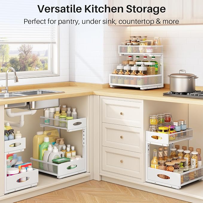 Under Sink Organizer, 2 Pack 2 Tier Pull Out Under Cabinet Organizer Shelf with Pad for Framed Cabinets, Metal Slide Out Under Sink Storage, Mesh Sliding Drawers for Kitchen Bathroom Laundry, White - Image 8