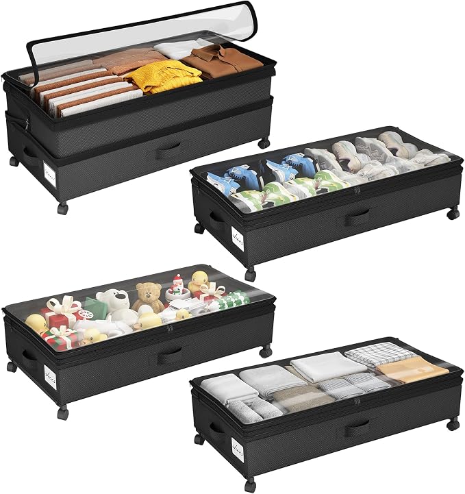 Kitstorack 4 Pack Height-adjustable Under Bed Storage with Wheels, Under Bed Storage Containers,Under Bed Shoe Storage Organizer with Clear Window&Label, Suitable for Clothes Storage, Black by Kitstorack
