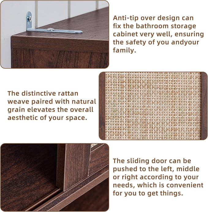 LEYAOYAO 68" Boho Over the Toilet Storage Cabinet with Rattan Sliding Door - Image 4