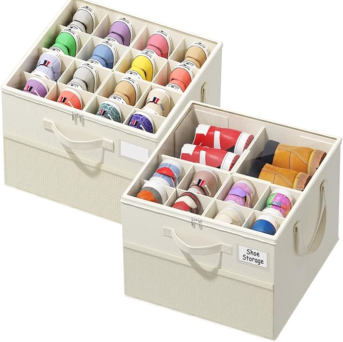 Plus Size 2 Pack Shoe Organizer for Closet, Foldable Shoe Storage Box | 16–24 Pair Shoe Storage for Sneakers, Boots & Heels with Adjustable Dividers, Clear Cover & Space Saving Closet Storage by Unknown