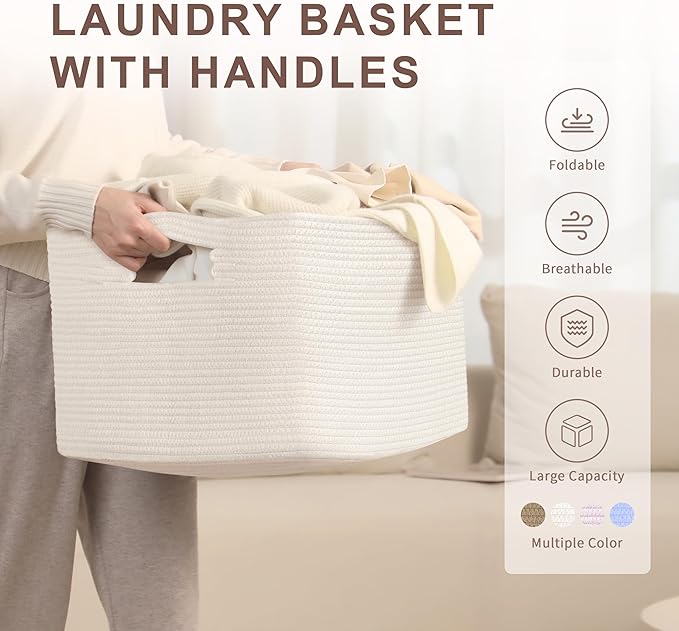 72L Large Woven Laundry Basket Hamper with Handles, White - Image 4