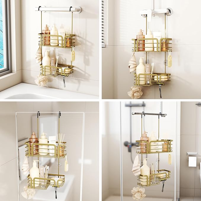 SWTYMIKI Shower Caddy Hanging Organizer - Over the Door Shower Caddy with Soap Holder, 11 Hooks, 2 Installation Ways, Stainless Steel Rustproof Bathroom Organizer, Gold - Image 2
