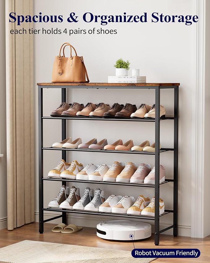Kitsure Shoe Rack for Closet, Shoe Storage, 29.5" Wide - 5 Tier, Brown | Space-Saving Shoe Organizer with Leveling Feet, Sturdy & Rust-Proof Wooden Shoe Rack for Entryway, Bedroom, Living Room - Image 3