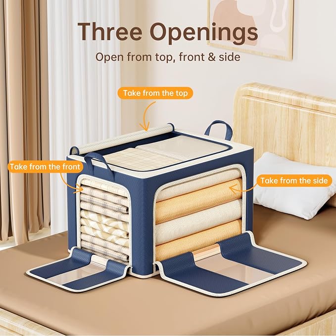 3 Openings Clothes Storage Bins with Metal Frame，24L (navy blue) - Image 3