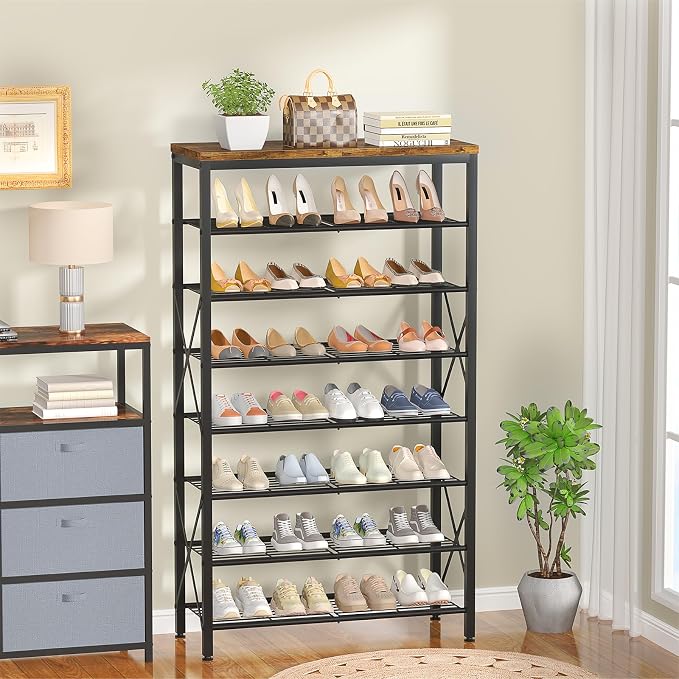 8-Tier Metal Shoe Rack for 32 Pairs, Heavy-Duty Shoe Organizer with Rustic Wooden Top, Space-Saving Entryway Shoe Storage for Closet, Garage, Hallway, Bedroom, Black & Rustic Brown - Image 7
