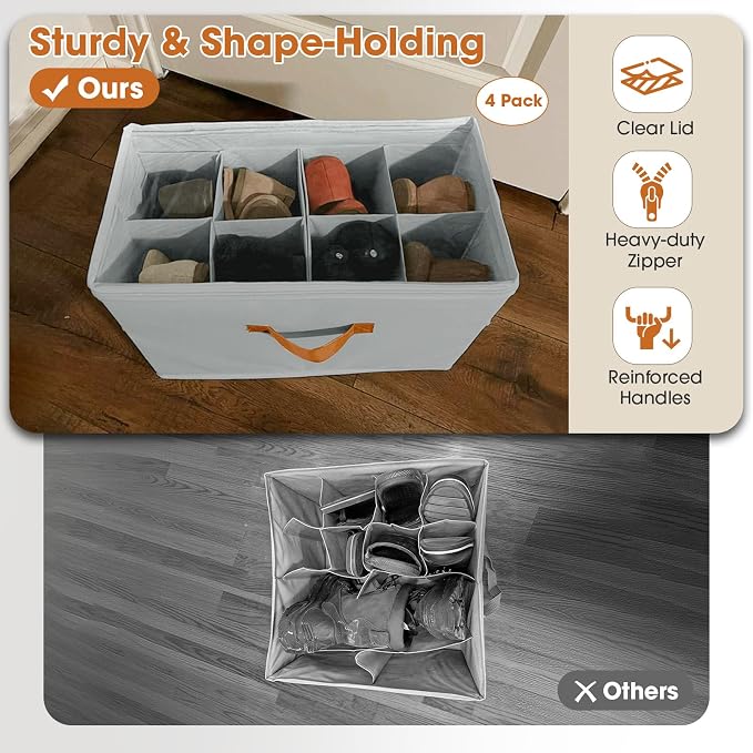 4 Pack Shoe Organizer for Closet,Foldable Shoe Storage Organizer with Adjustable Dividers, Shoe Storage Box with Clear Cover, Fits up to 32 Pairs, Gray - Image 3
