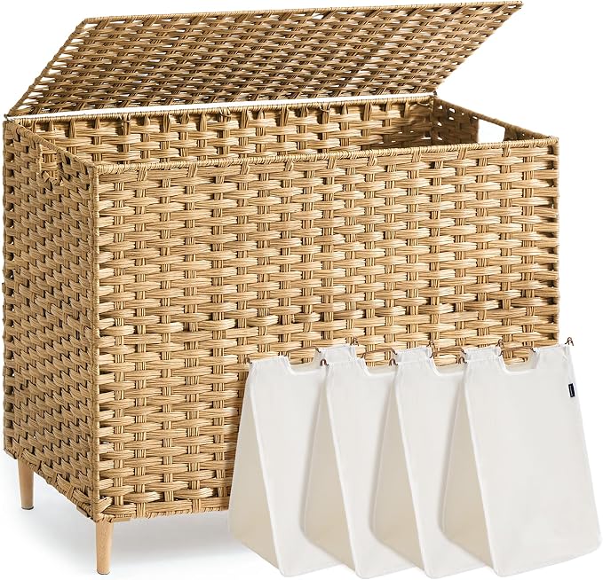 SONGMICS 4-SectionLaundry Hamper With Lid, PE Rattan, 55.5 Gallons (210 L) by Unknown