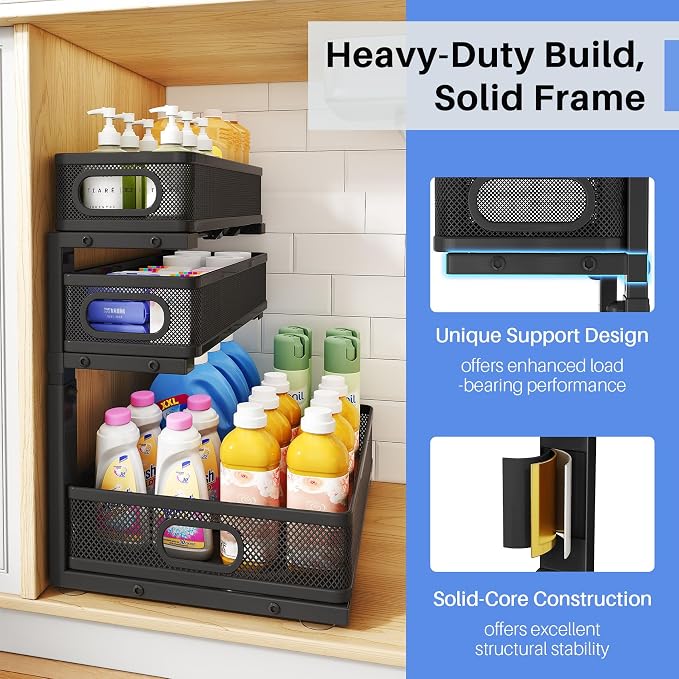 Under Sink Organizer, 3-Tier Thickened Metal Pull out Cabinet Organizer Shelf, Height Adjustable Slide out Storage Drawer Rack for Kitchen Bathroom Pantry Laundry Home Organization, 2-Pack, Black - Image 5