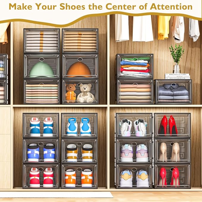 12 Pack Shoe Organizer, Stackable Shoe Storage Boxes with Magnetic Door | Clear Plastic Shoe Boxes for Sneakers, Boots & Heels, Foldable Space-Saving Shoe Rack for Closet, Durable Shoe Cabinet, Black - Image 6