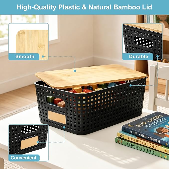 Bagnizer Small Plastic Storage Bins with Bamboo Lids 5.2qt Stackable Box Basket Pantry Decorative Containers Cute with Lable for Organizing Desktop Closet Office Black of 6 packs 10 * 7.2 * 4.1" - Image 2