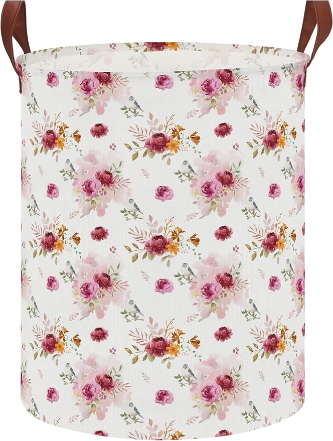 62L Vintage Rose Floral Laundry Hamper with Durable Leather Handle,Collapsible Storage Bin(Retro Pink Flowers） by NTAOHAMPER