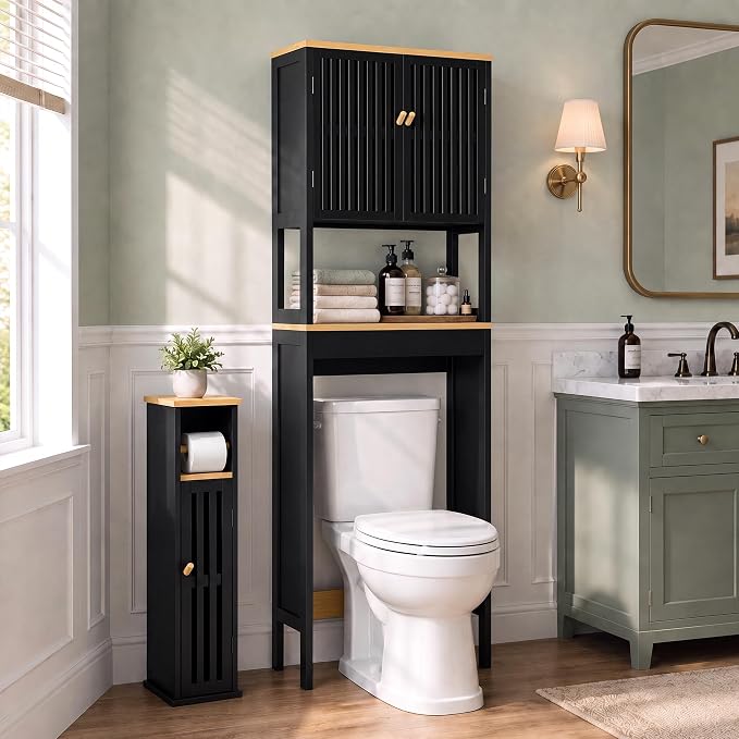 Narrow Bathroom Storage Cabinet with Toilet Paper Holder, Black - Image 5