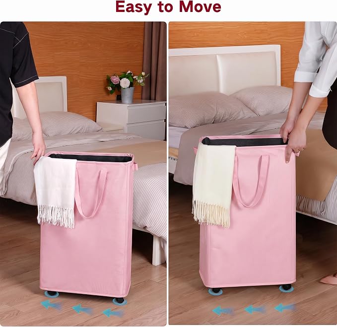 efluky Slim Laundry Hamper with Wheels, Rolling Laundry Basket for Clothes, Small Laundry Basket for Bedroom, Dorm and Laundry Room, 75L (19.8 Gallons) Pink - Image 5