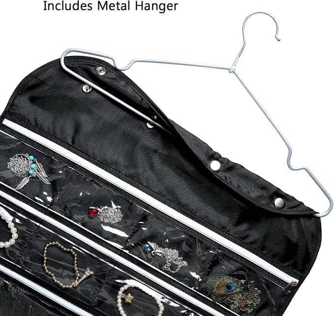 BB Brotrade Hanging Jewelry Organizer,Accessories Organizer,56 Zipper Pocket Organizer for Holding Jewelries (Black-Zipper) - Image 4