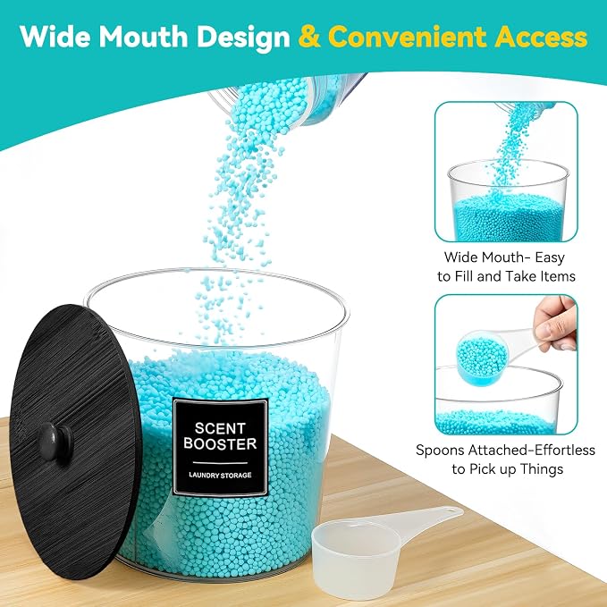 Laundry Pods Container & Dryer Sheet Holder, Laundry Room Organization and Storage Jars with Lids, Labels & Scoops for Powder Detergent Scent Booster, Black Lid - Image 4