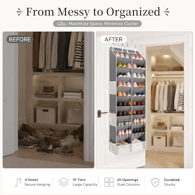 Criusia Over the Door Shoe Organizer, 20-30 Pairs Heavy-Duty Hanging Shoe Storage with Large Pockets, 10-Tier Door Shoe Rack with 4 Hooks for Sneakers Sandals Heels Boots (Gray) - Image 2