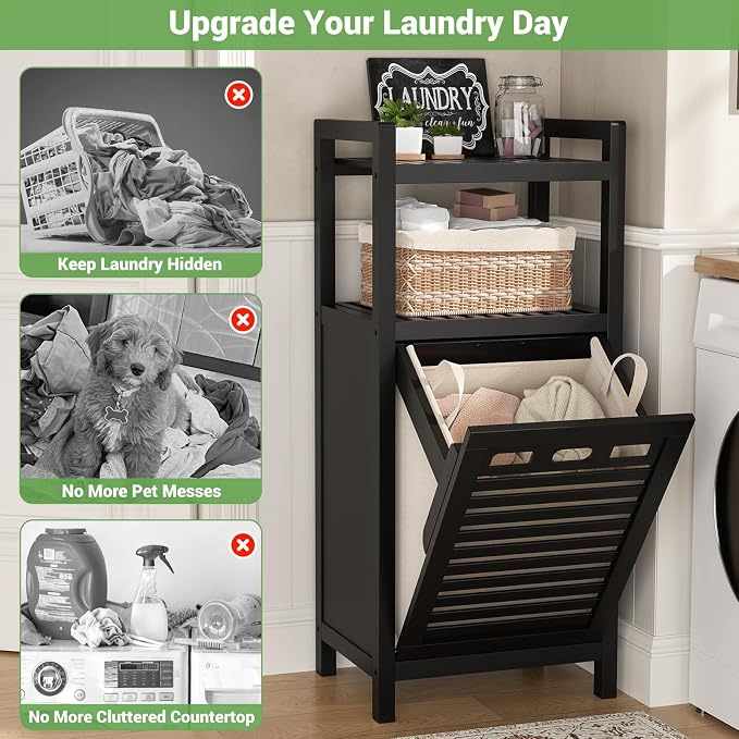 Homykic Tilt Out Laundry Hamper Cabinet, 10 Gal Bamboo Laundry Organizer - Image 5