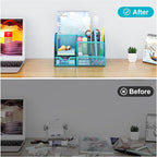 EasyPAG Mesh Desk Organizer with Drawer Multi-functional Pen Holder Stationery Organizer for Office School Supplies 6 Compartments Dorm Organizers and Storage for Desk, Blue - Image 4