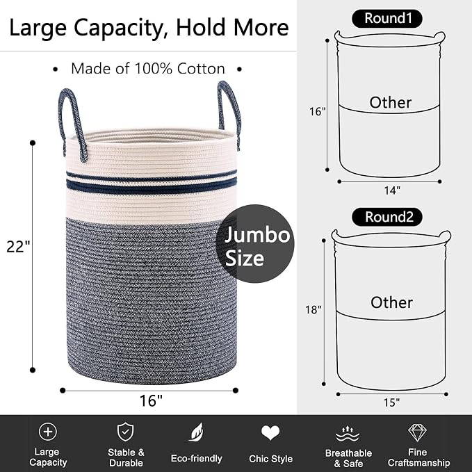 YOUDENOVA Cotton Rope Laundry Hamper Basket, 72L Blanket Basket for Nursery - Image 3