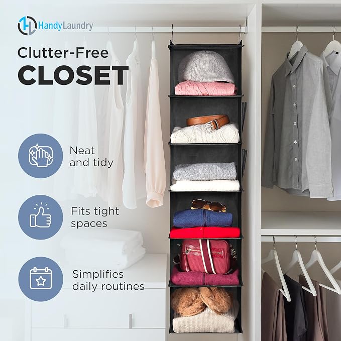 Handy Laundry Hanging Closet Organizer - 6 Shelf Storage for Clothes, Sweaters, Shoes & Accessories - Space-Saving Wardrobe Shelves with Hooks for Dorm, RV & Small Closet Organization (Black) - Image 3