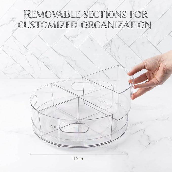Oizeir Lazy Susan Turntable - Clear Acrylic, Removable Sections, Rotates 360 Degrees. Easily Organize Your Fridge, Cabinet or Counter. Great Carousel Storage for Food, Spices, Cosmetics. (4-Sections) - Image 2