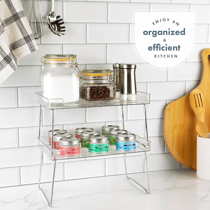 Masirs Clear Stackable Shelf, Easily Organize Your Kitchen Counter and Cabinet Shelves While Creating Extra Storage Space with This Foldable Translucent Plastic Shelf, (2-Pack) - Image 6