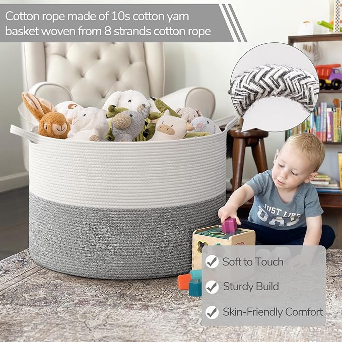 INDRESSME 115L Extra Large Woven Rope Blanket Basket Living Room Light Grey - Image 3
